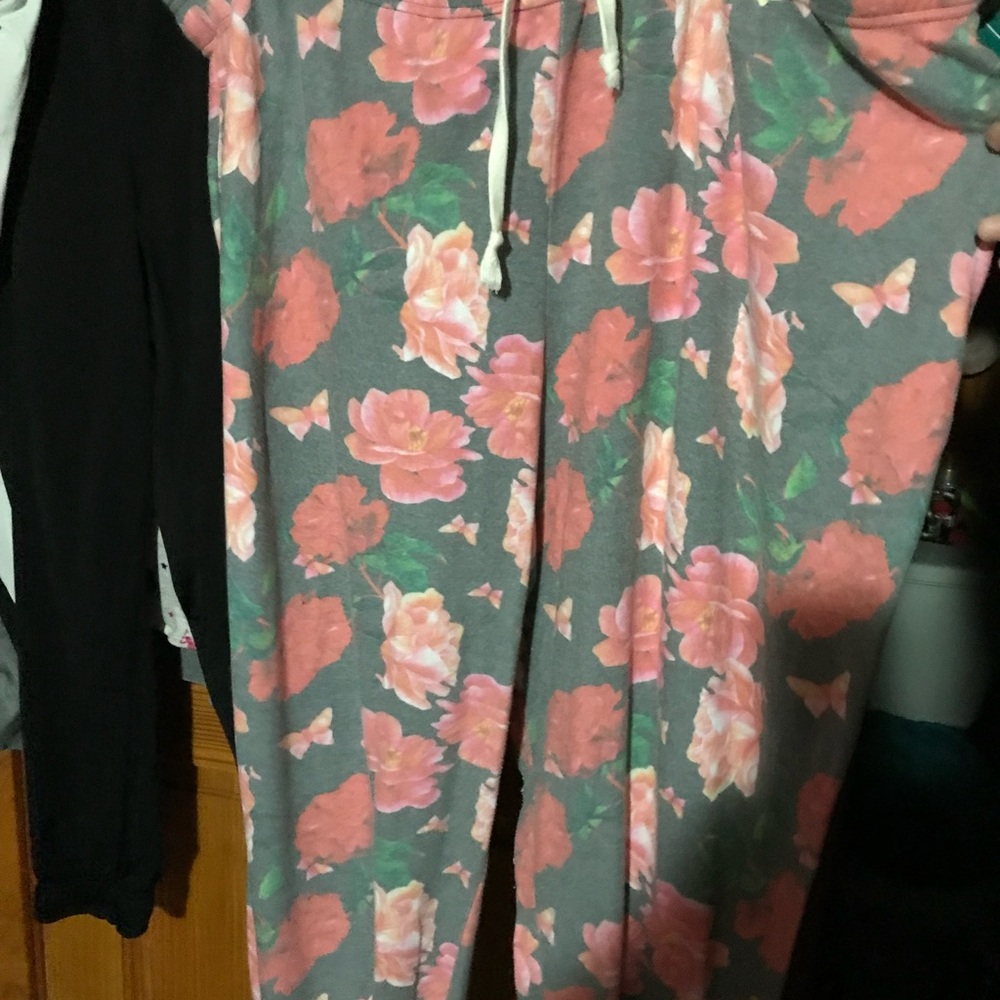 Floral Pink and Gray Women's footie Pajama Pants